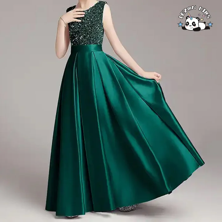 LEZONKIDS - 2024 Hot Sale  Summer Sparking Pleated Sleeveless Dress Evening Party  Long Skirt Size 4-12 Years for Kids